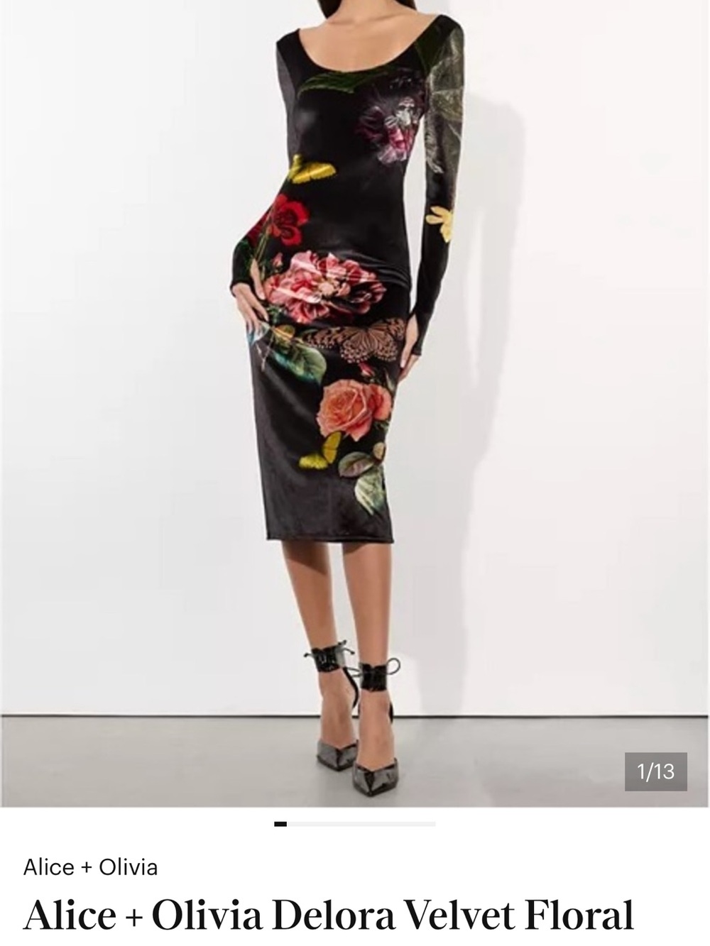 Alice + Olivia Black Velvet Midi Skirt with Floral and Butterfly Accents